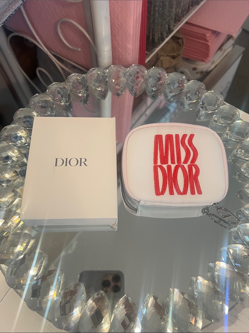 Dior White Zipper Pouch with Pink MISS DIOR Embroidery